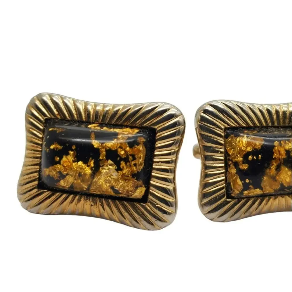 Hickok Cufflinks Monte Carlo Gold Flakes Retro Black MCM Vtg 1970s Classic Mens